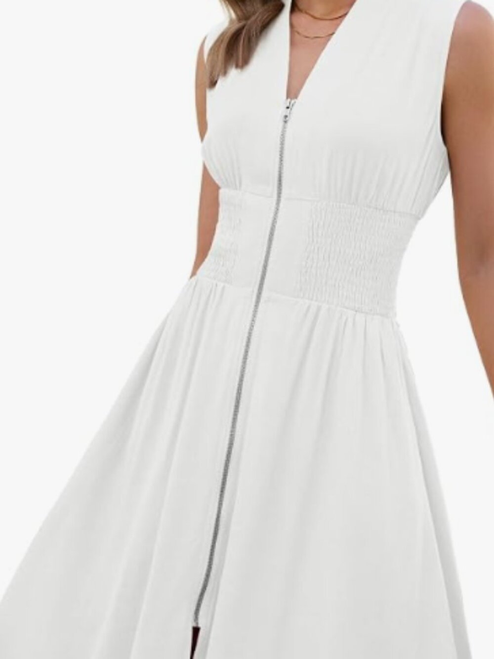 Womens Sleeveless Mini Dress V Neck Smocked Zipper Dress Casual A Line Short
